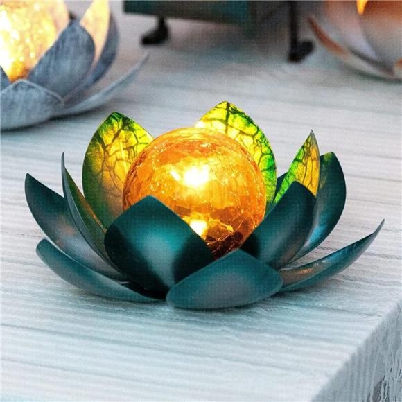 2Pack Crackle Globe Glass Lotus Solar LED Waterproof Blue Metal Flower Lights
